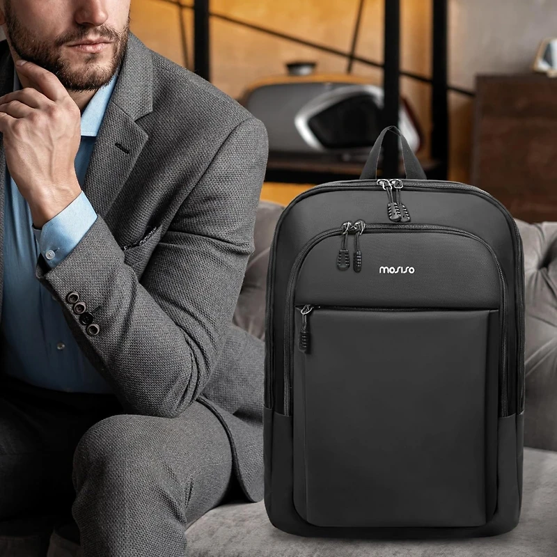 Mosiso Men's Slim Black Laptop Backpack - 15.6" Waterproof Daypack for College/Work/Business/Travel with Luggage Strap