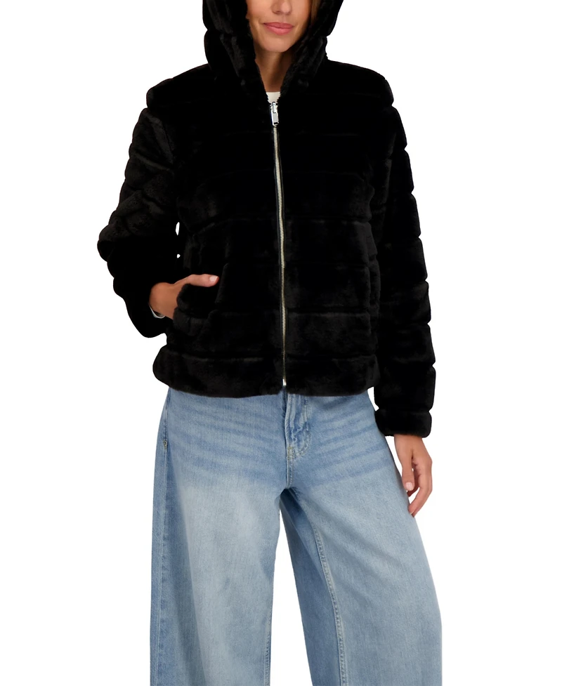 Sebby Collection Women's Hooded Grooved Short Faux Fur Jacket