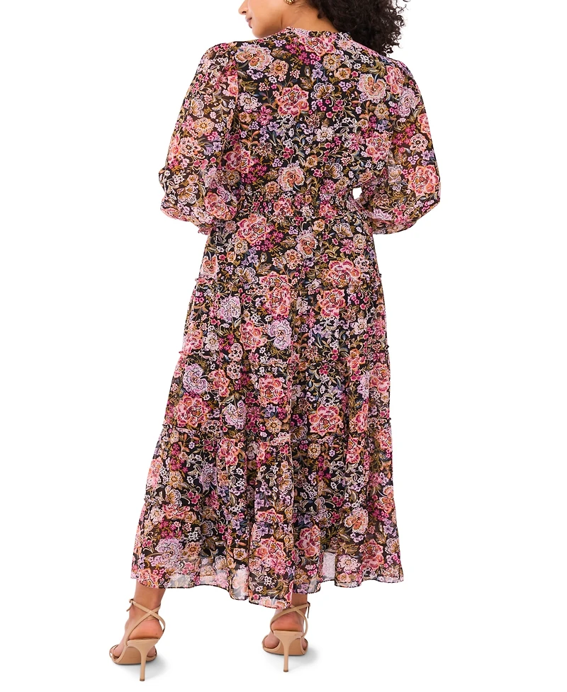 Msk Women's Floral-Print Tie-Neck Maxi Dress