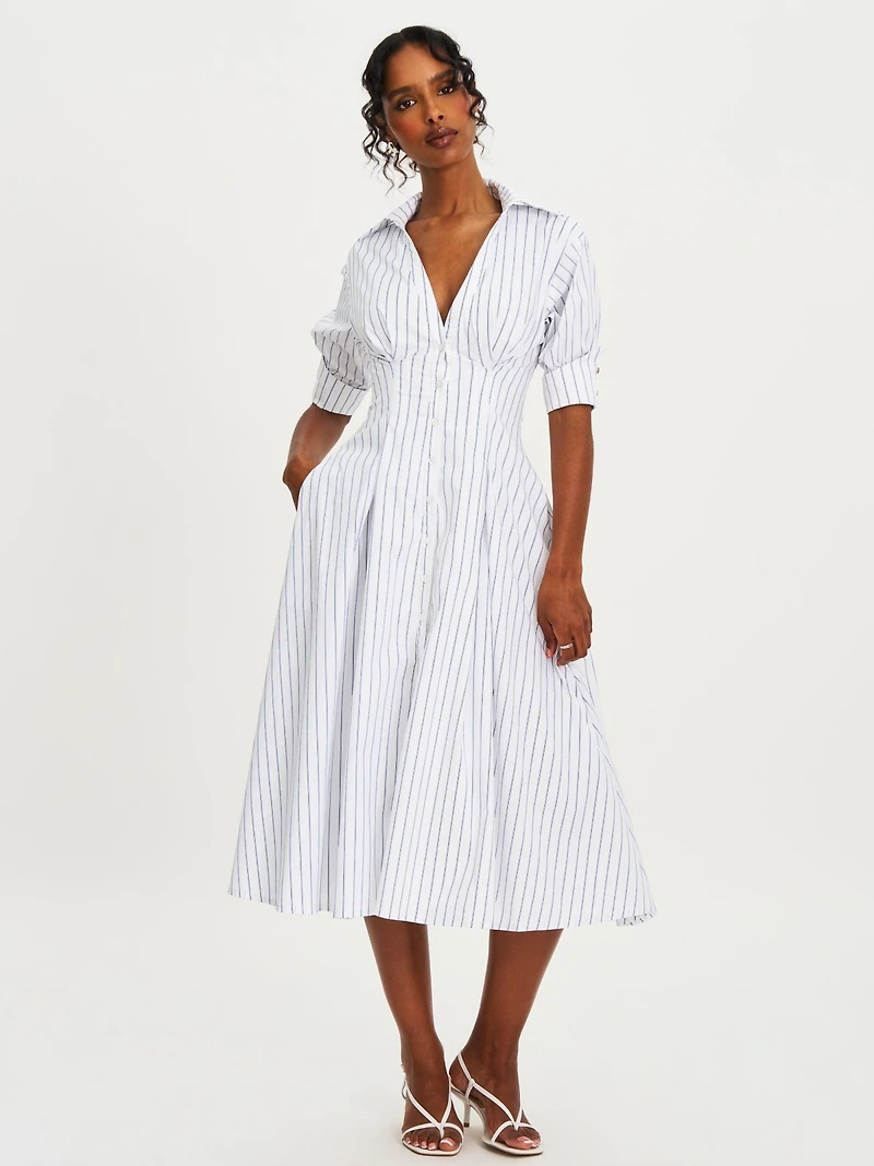 Miss Circle Women's Palina Pinstripes Cotton Poplin Pleated Midi Preppy Shirt Dress