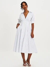 Miss Circle Women's Palina Pinstripes Cotton Poplin Pleated Midi Preppy Shirt Dress