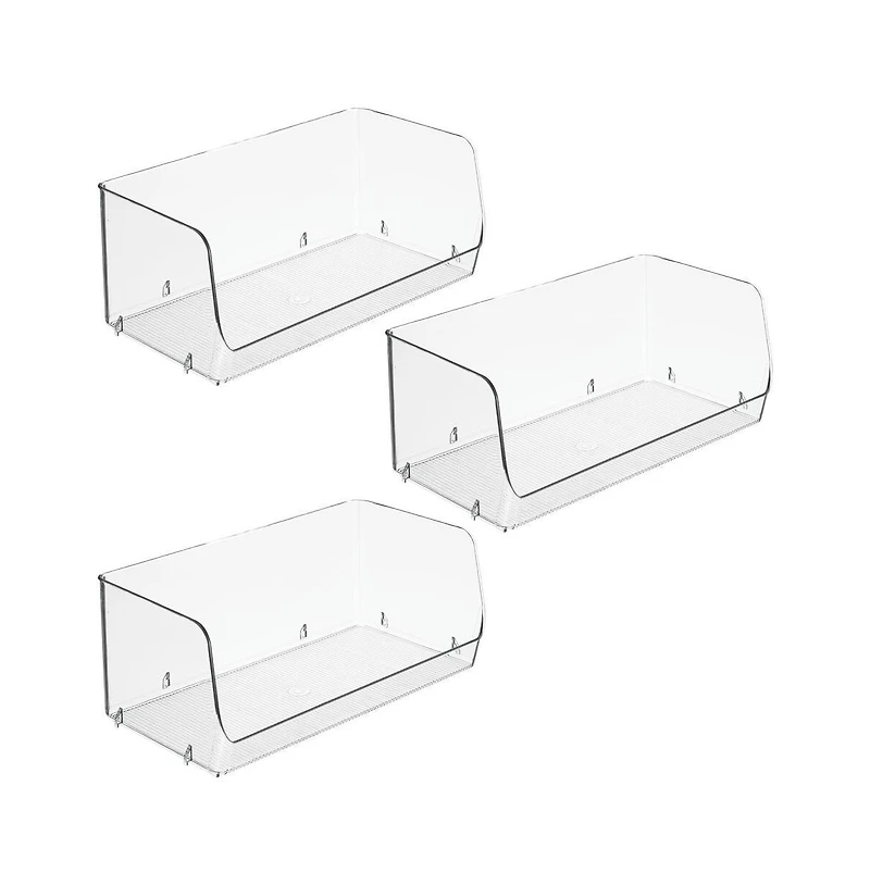 iDesign Wide Stackable Open-Front Storage Bins - Set of 3 - Clear - Made in Usa