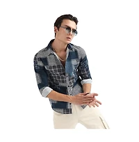 Campus Sutra Men's Navy Blue Herringbone Block Shirt