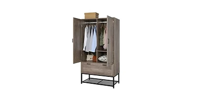 Slickblue Modern 2-Door Wardrobe Cabinet with Shoe Rack for Bedroom Storage and Organization