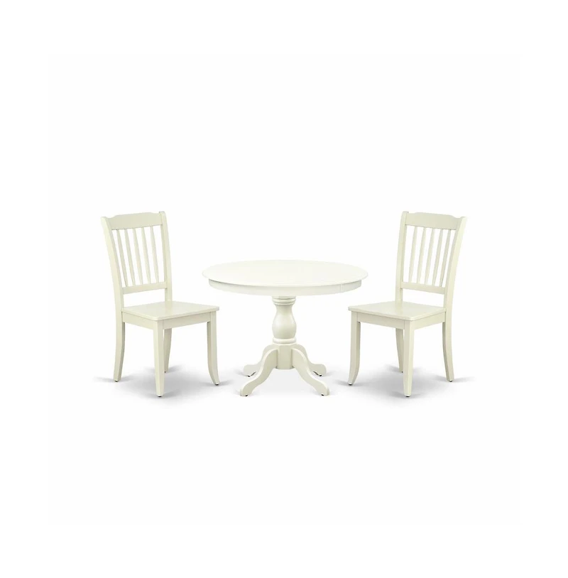 East West Furniture 3 Piece Modern Dining Table Set - Linen White Breakfast Table and 2 Linen White Dining Chairs with Slatted Back