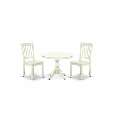 East West Furniture 3 Piece Modern Dining Table Set - Linen White Breakfast Table and 2 Linen White Dining Chairs with Slatted Back
