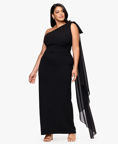 Xscape Plus-Size One-Shoulder Sash Gown