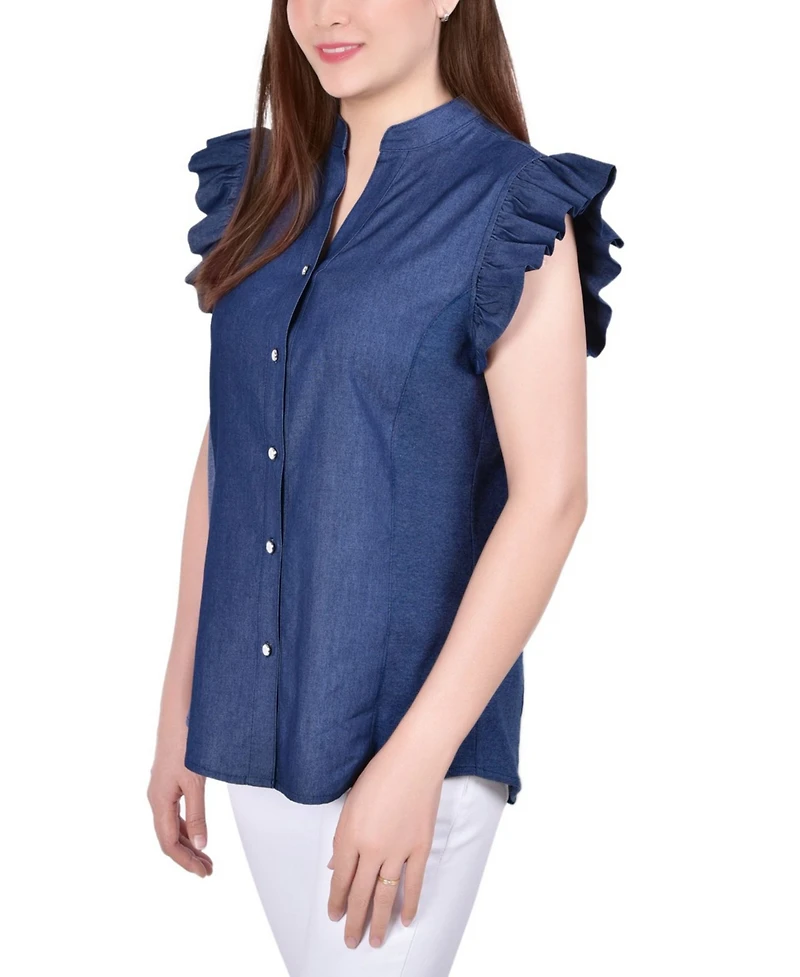 Ny Collection Petite Flutter Sleeve Chambray Top