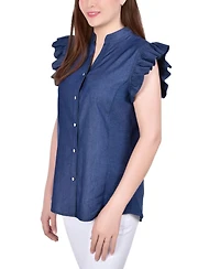 Ny Collection Petite Flutter Sleeve Chambray Top