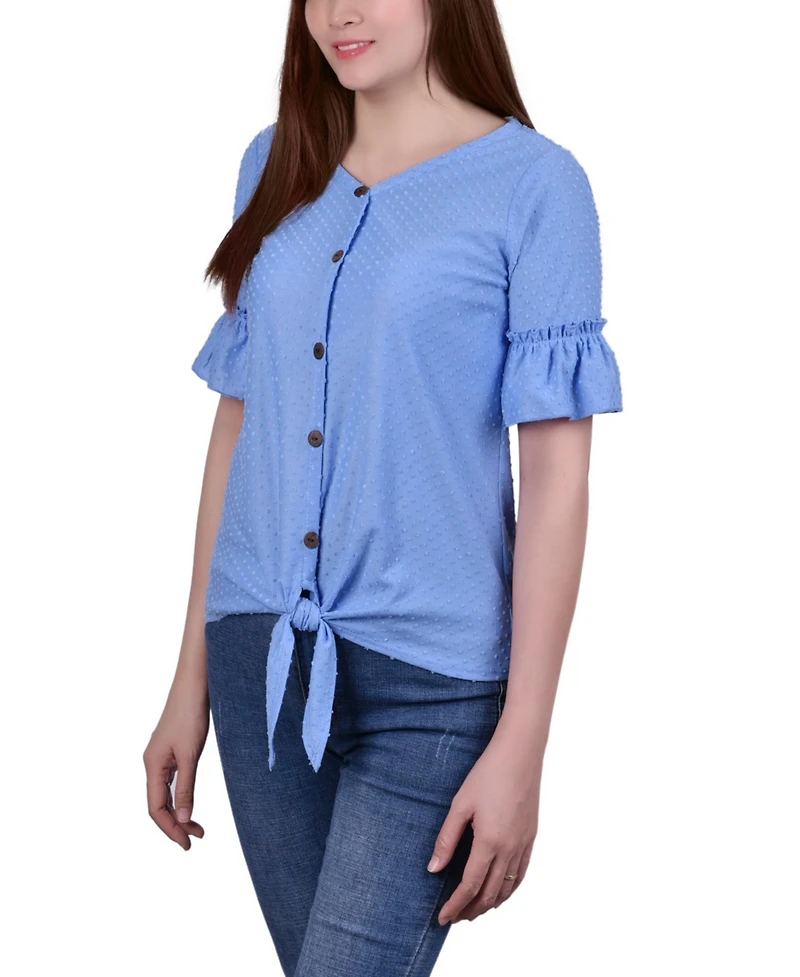 Ny Collection Petite Short Sleeve Tie Waist Swiss Dot Top