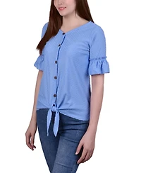 Ny Collection Petite Short Sleeve Tie Waist Swiss Dot Top