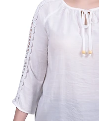 Ny Collection Petite 3/4 Sleeve Crochet Detail Top