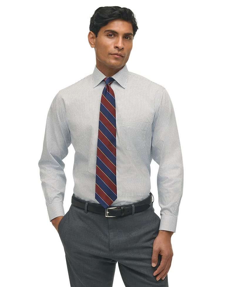 Men's Regular Fit Non-Iron Polo Button-Down Collar Blue Check Pinpoint Dress Shirt