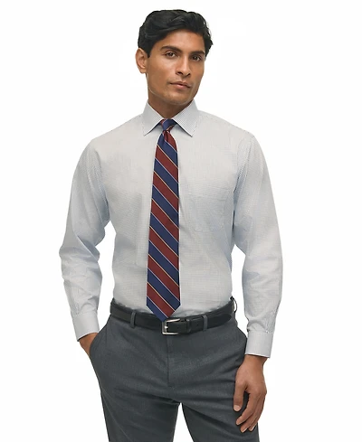 Men's Regular Fit Non-Iron Polo Button-Down Collar Blue Check Pinpoint Dress Shirt