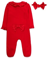 Baby Essentials Girls All-Over Bow Footed Coverall and Headband, 2-Piece Set