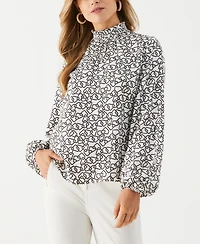 Ella Rafaella Women's Geo Print Smocked Neck Long Sleeve Top