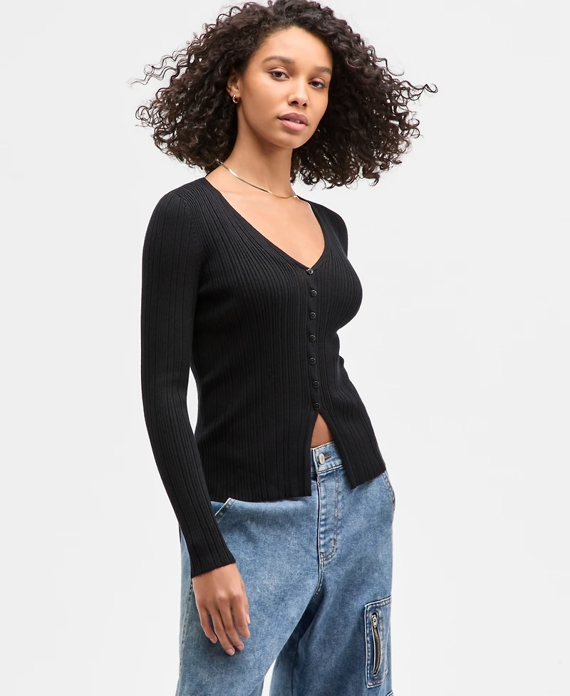 Ultra Flirt Juniors' V-Neck Ribbed Fine Gauge Flyaway Sweater