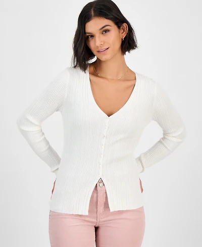 Ultra Flirt Juniors' V-Neck Ribbed Fine Gauge Flyaway Sweater
