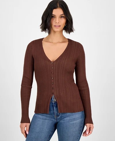 Ultra Flirt Juniors' V-Neck Ribbed Fine Gauge Flyaway Sweater
