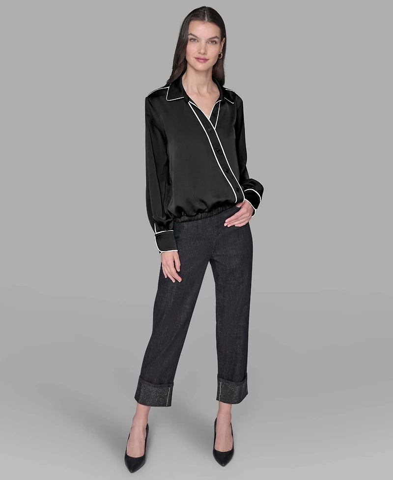 Karl Lagerfeld Paris Petite Long Sleeve Crossover Woven Blouse