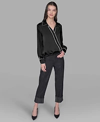Karl Lagerfeld Paris Petite Long Sleeve Crossover Woven Blouse