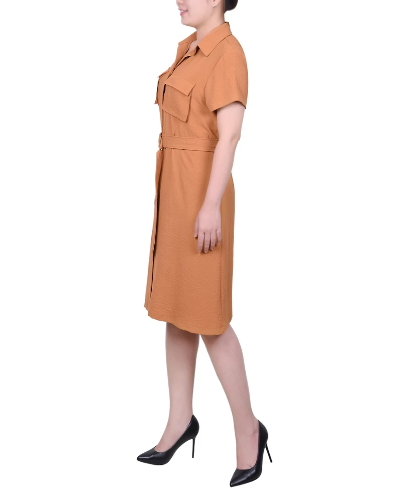 Ny Collection Petite Short Sleeve Belted Shirtdress