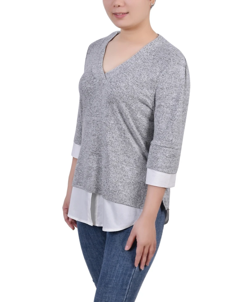 Ny Collection Petite Long Sleeve 2-In 1 Top