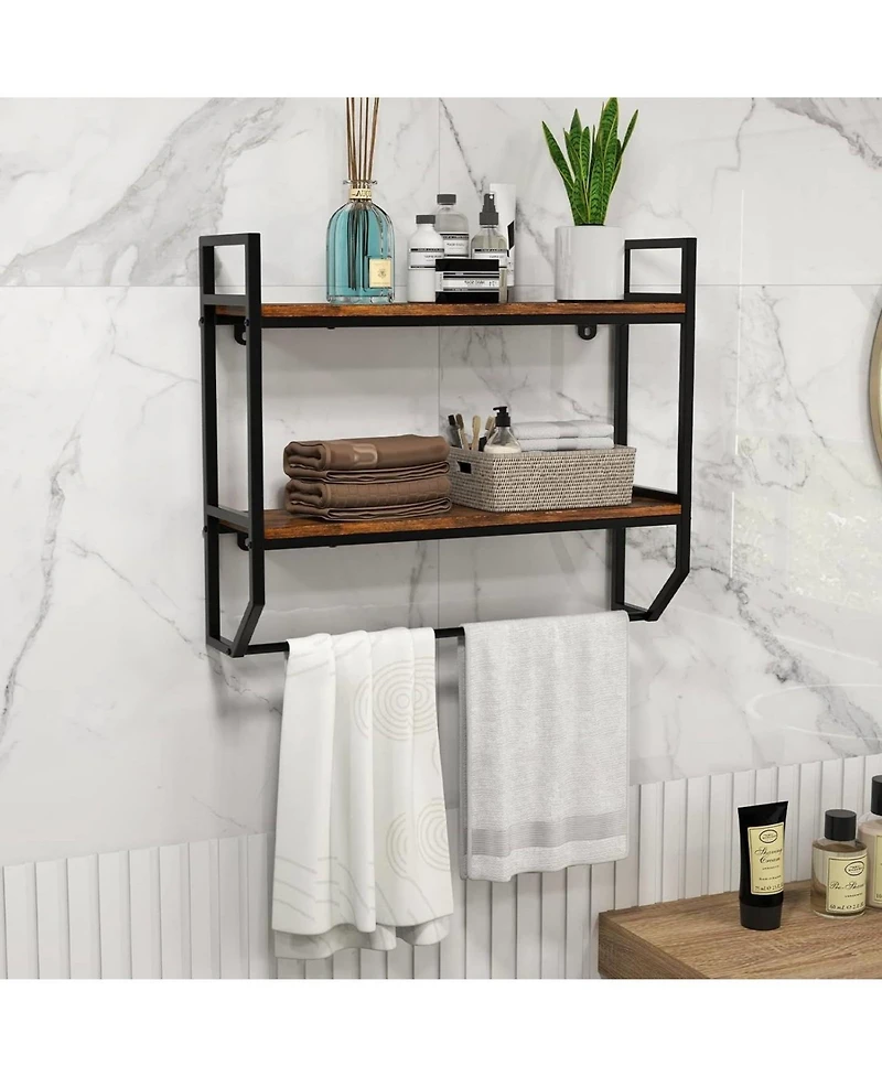 Slickblue Wall-Mounted Over Toilet Shelving Unit with 2 Shelves and Towel Bar for Bathroom Storage
