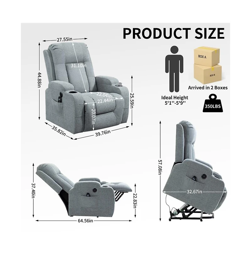 Power Lift Recliner Chair with Heat & Massage, Usb Port & Cup Holders, Grey Electric Massage Chair for Seniors-Maison Boucle