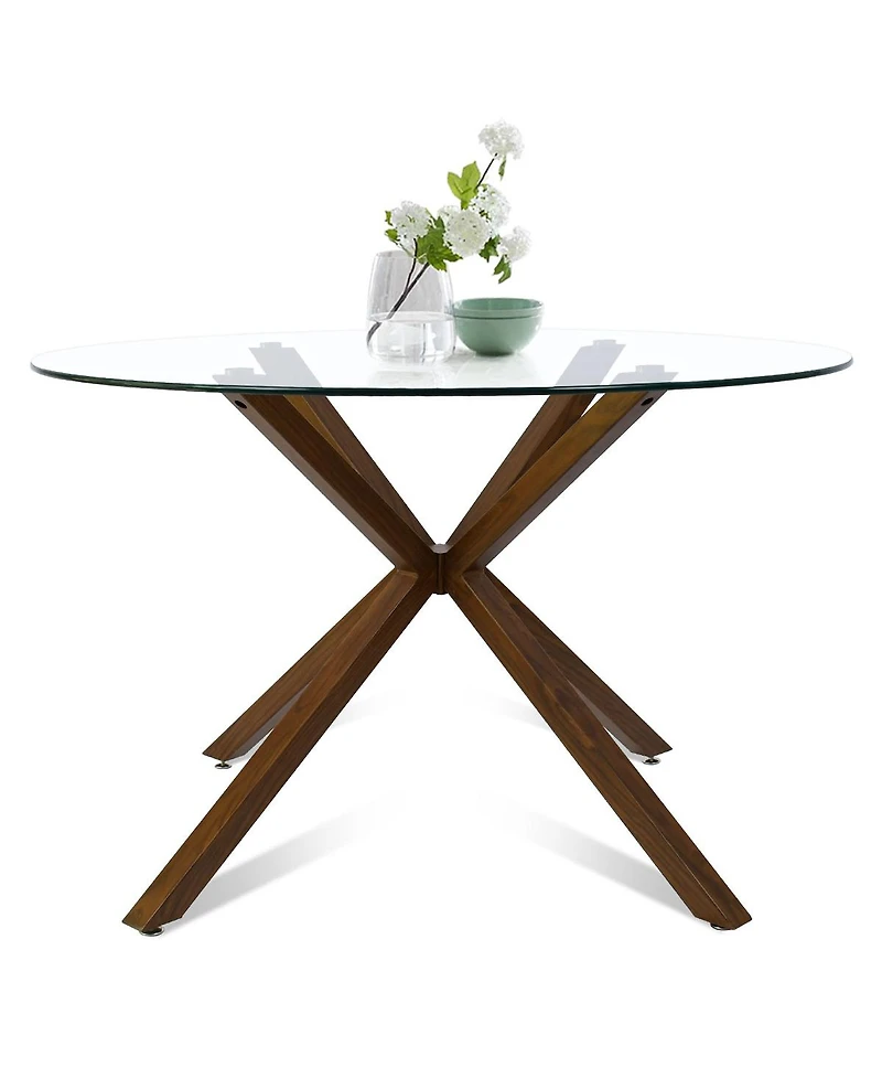 5-Piece Round Glass Dining Table Set for 4, Modern with Upholstered Fabric Chairs and Walnut Metal Legs-Maison Boucle