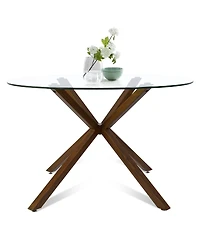 5-Piece Round Glass Dining Table Set for 4, Modern with Upholstered Fabric Chairs and Walnut Metal Legs-Maison Boucle