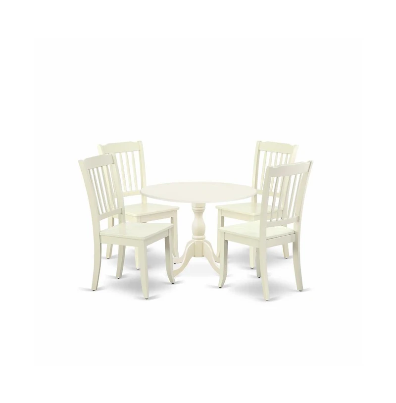 East West Furniture 5 Piece Dining Room Table Set Consists of 1 Drop Leaves Dining Room Table and 4 Linen White Dinning Chairs with Slatted Back