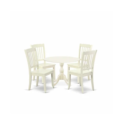 East West Furniture 5 Piece Dining Room Table Set Consists of 1 Drop Leaves Dining Room Table and 4 Linen White Dinning Chairs with Slatted Back