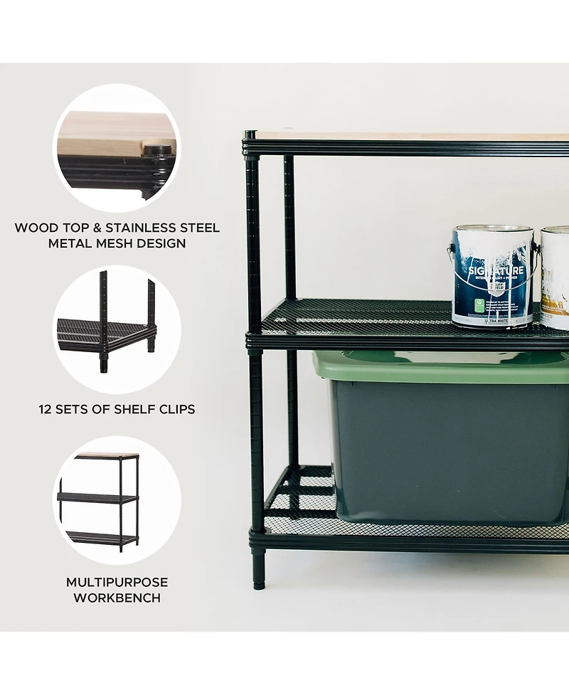 Design Ideas MeshWorks Shelving Rack, Metal Mesh Shelf Unit with Wood Top, Black