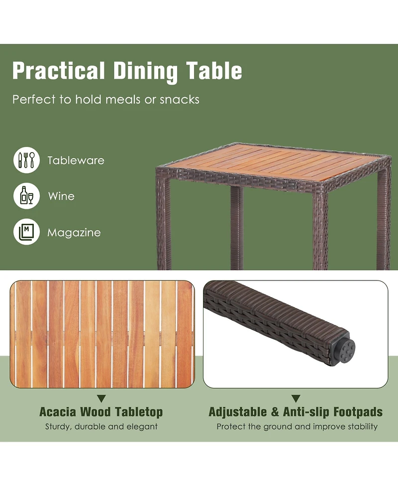 Gymax Set of 3 Wicker Dining Set Acacia Wood Table Top W/ Cushioned Chairs Patio Garden