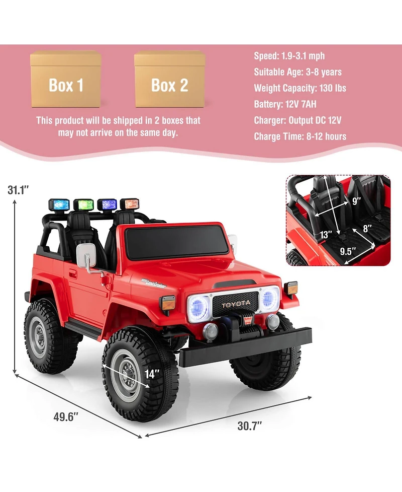 Akiudex 2-Seater Kids Ride-On Toyota FJ40 Car with Remote, Music, and Storage