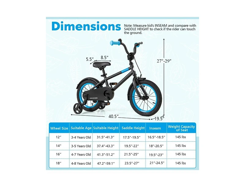 Akiudex Adjustable Kids Bike with Dual Brakes and Training Wheels
