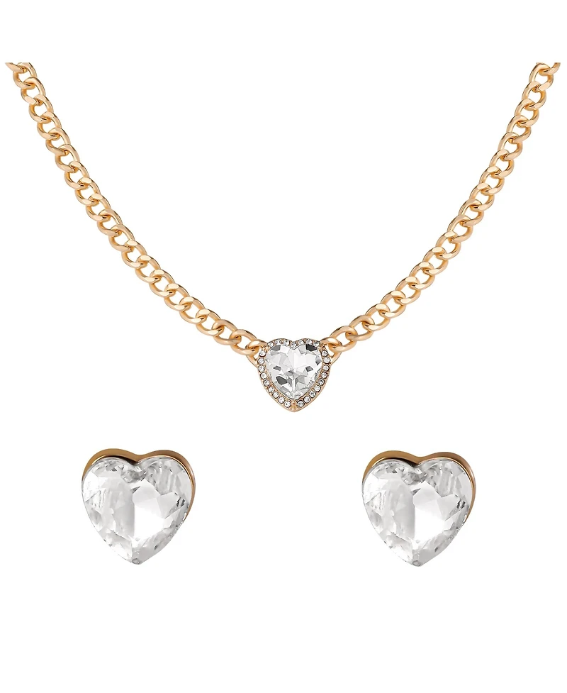 Jessica Simpson Gold-Tone Heart Pendant Necklace & Crystal Stud Earring Set
