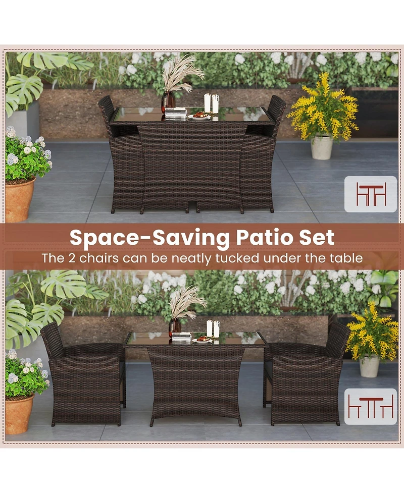 Gymax 3 Piece Patio Wicker Dining Set 2 Rattan Chairs w/ Rectangle Tempered Glass Dining Table