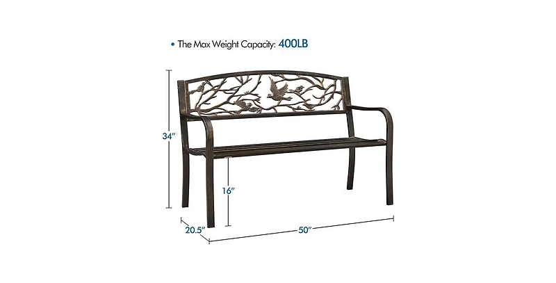 Slickblue Cast Iron Garden Bench with Metal Finish and Bird Pattern Backrest for Outdoor Use