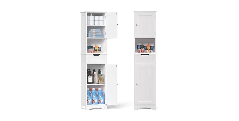 Slickbue Linen Tower Cabinet for Bathroom with 2 Doors, Drawer, and Shelving for Storage