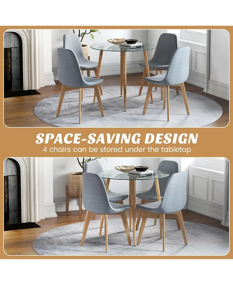 Gymax 5 Pcs Dining Set Round Tempered Glass Table 4 Fabric Chairs Solid Wood Kitchen
