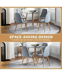 Gymax 5 Pcs Dining Set Round Tempered Glass Table 4 Fabric Chairs Solid Wood Kitchen