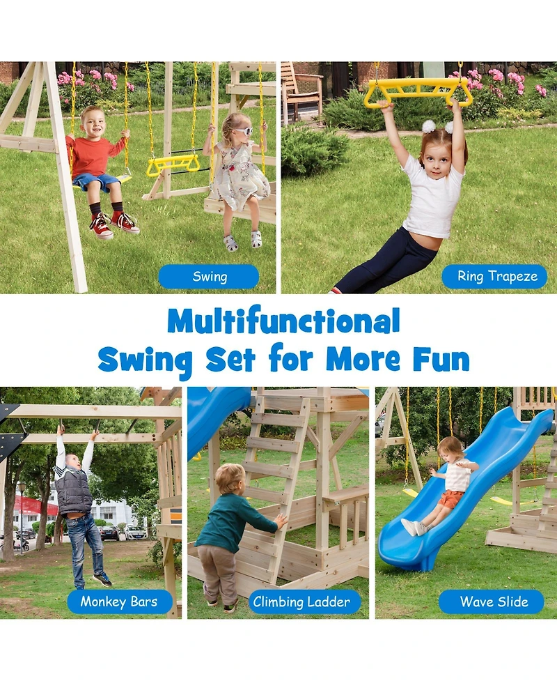 Costway Backyard Wooden Swing Set Slide Playset for Kids Outdoor Climbing Wall Sandpit