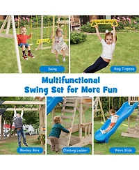 Costway Backyard Wooden Swing Set Slide Playset for Kids Outdoor Climbing Wall Sandpit
