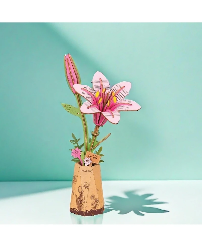 Robotime 3D Puzzles Pink Lily Diy Model Building Kits Artifical Flower Toys for Thanksgiving Mother's Day, Multicolored, 9.65"6.5"1.65"