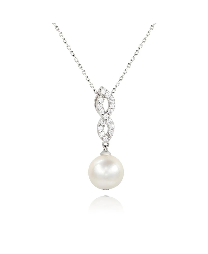 Suzy Levian Sterling Silver Pearl and White Sapphire Infinity Pendant