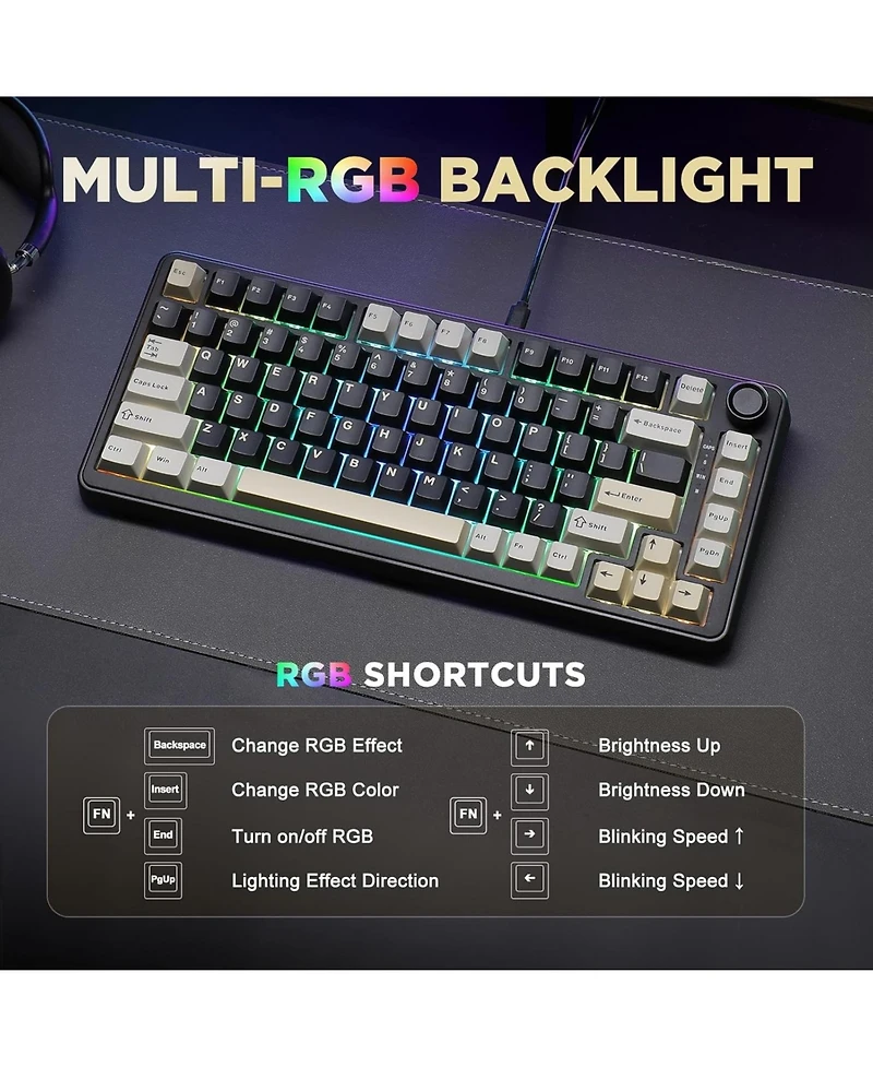 Yunzii B75 Mechanical Keyboard,75% Layout with Knob,Hot Swappable Rgb Backlit Gasket Mounted,Creamy Typing,Double-Shot Pbt Keycaps,Cherry Profile,for