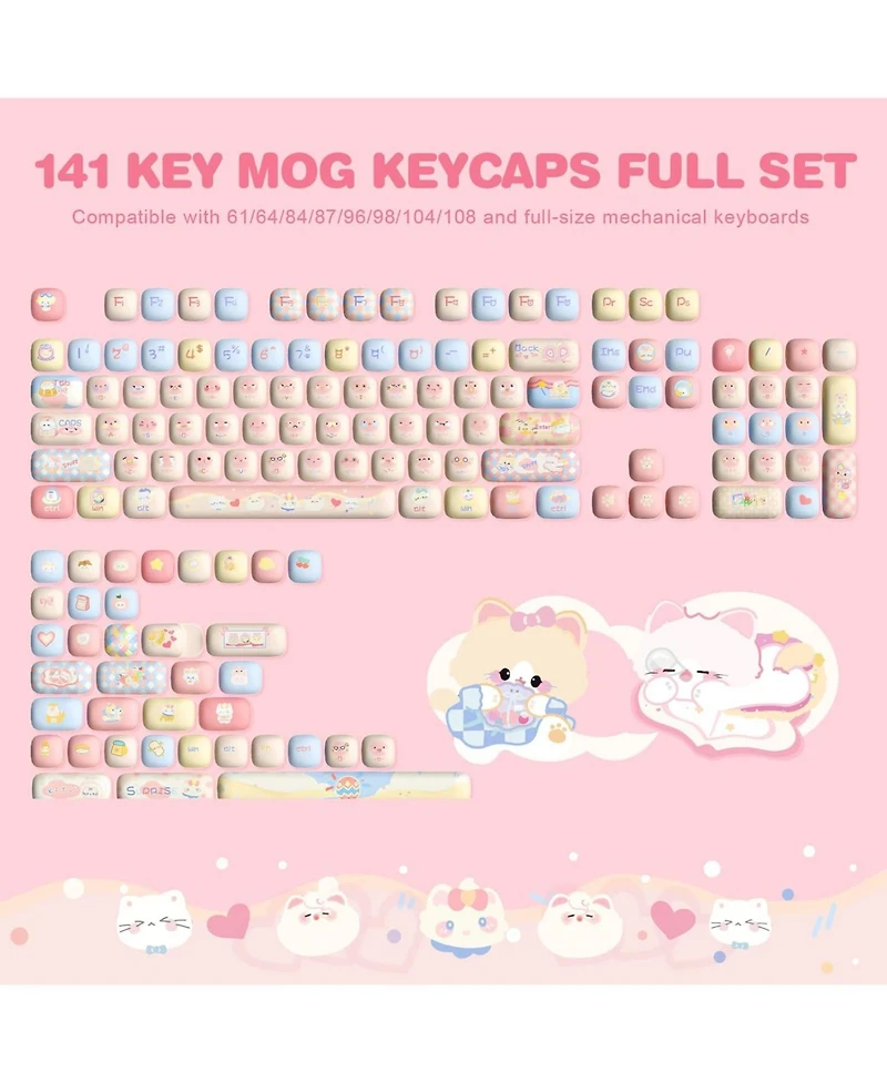 Yunzii Cute Pink Kitten Custom Keycaps, 141 Keys Dye Sub Pbt Mog Profile Keycap Set for Mechanical Gaming Keyboards