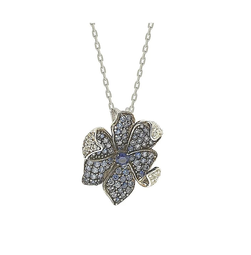 Suzy Levian New York Sterling Silver Sapphire & Created White Flower Petal Pendant Necklace